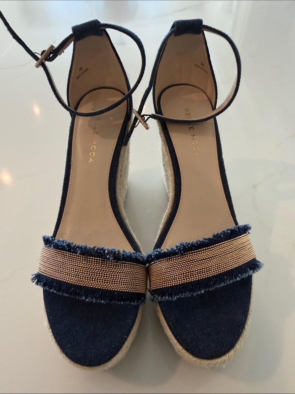 Pelle Moda Navy Denim Espadrille Wedge Sandals with Gold Accent